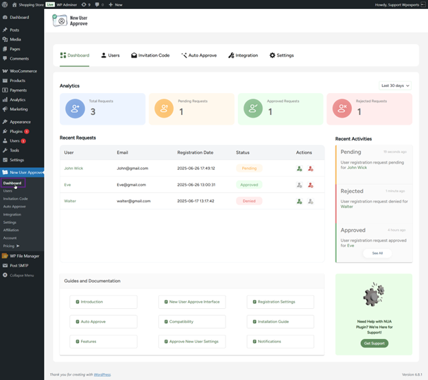 New user approve dashboard