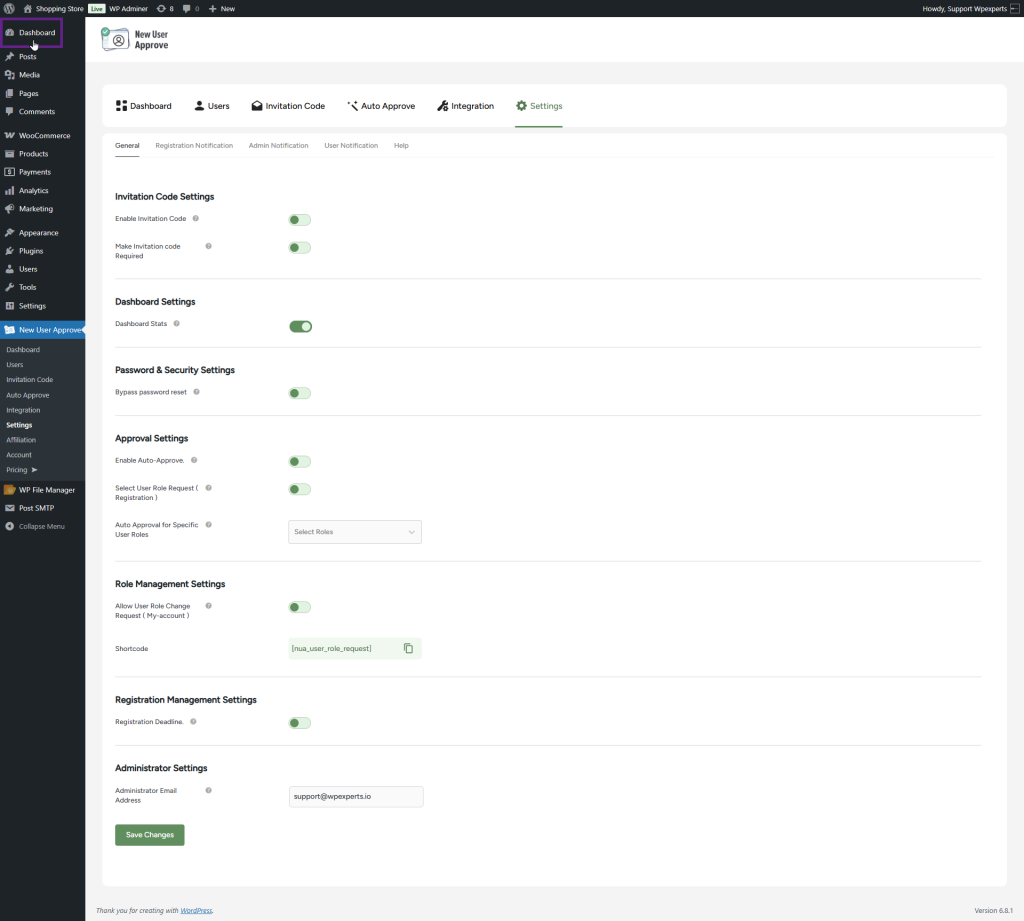 New User Approve General Settings – Plugin Configuration
